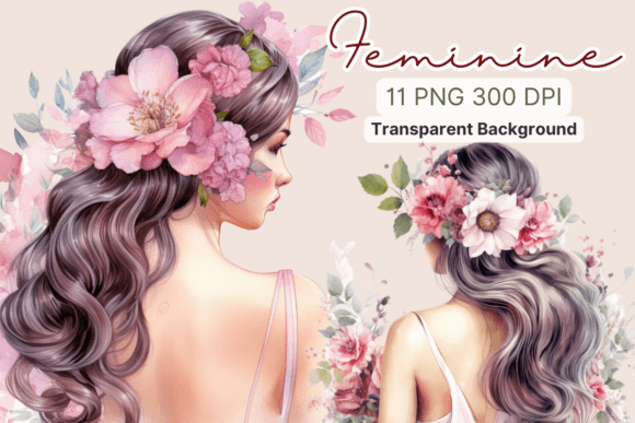 Feminine with Flowers Watercolor Clipart Graphics