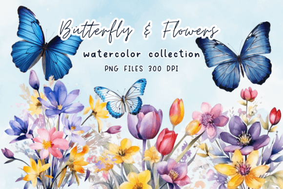 Flowers Butterflies Watercolor Graphics