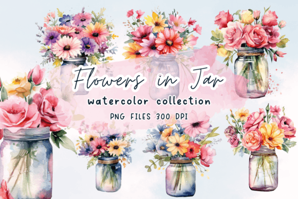 Flowers in Jar Watercolor Clipart Graphics