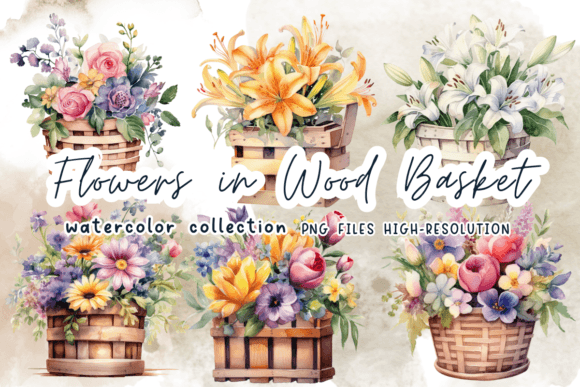 Flowers in Wood Basket Watercolor Graphics