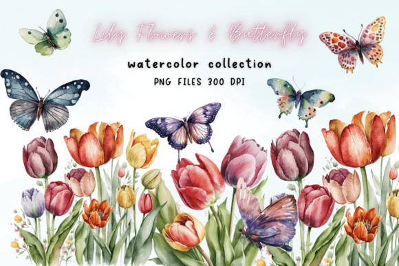 Lily Flowers Butterfly Watercolor Graphics