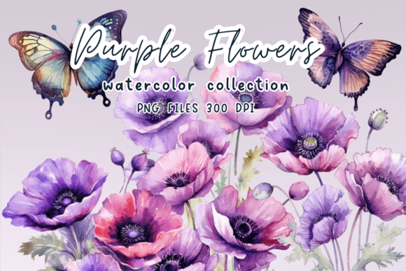 Purple Flowers Butterfly Watercolor Graphics