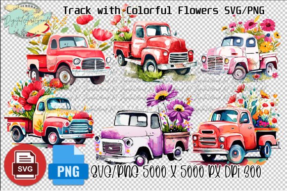 Red Truck Colorful Flowers Watercolor Graphics