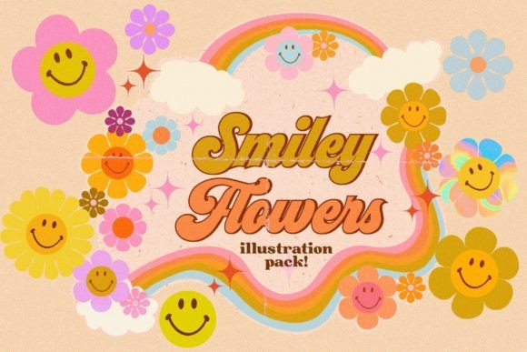 Smiley Flowers 70s Illustration Pack Graphics
