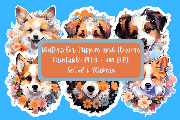 Stickers Watercolor Puppies and Flowers Graphics