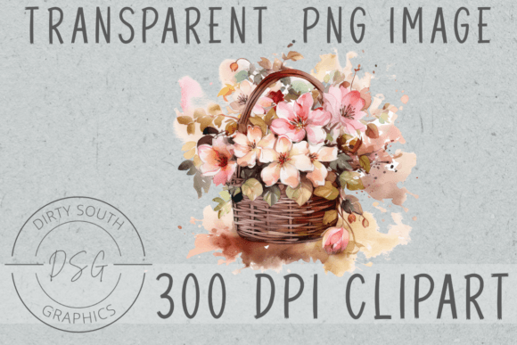Watercolor Basket of Flowers Graphics for Editorial Use