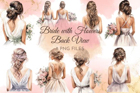 Watercolor Bride with Flowers Back View Graphics