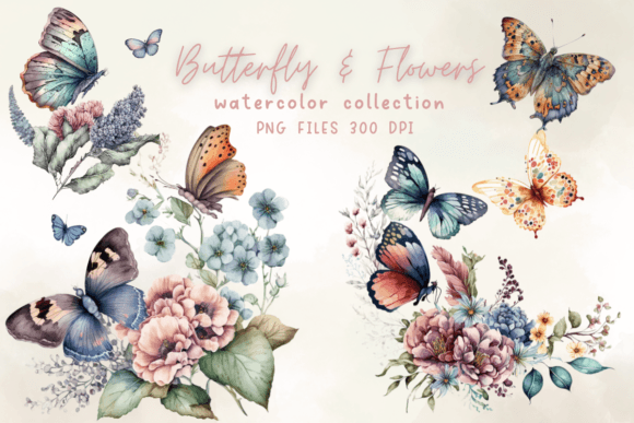 Watercolor Butterflies Flowers Graphics