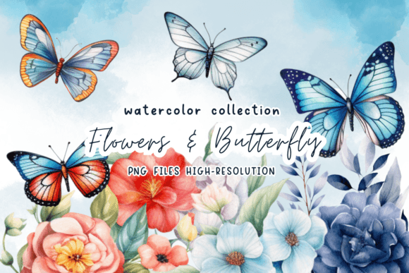 Watercolor Flowers Butterfly Graphics