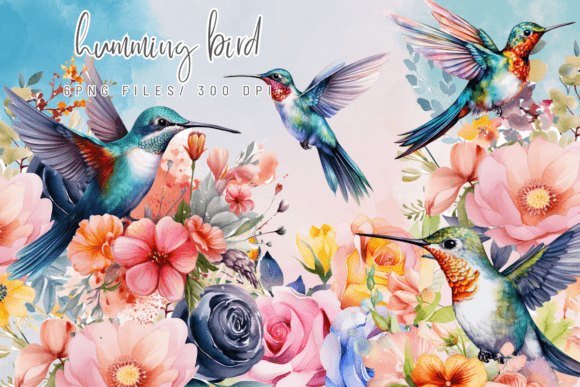 Watercolor Hamming Bird Flowers Graphics
