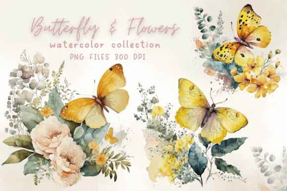 Yellow Butterflies Flowers Watercolor Graphics
